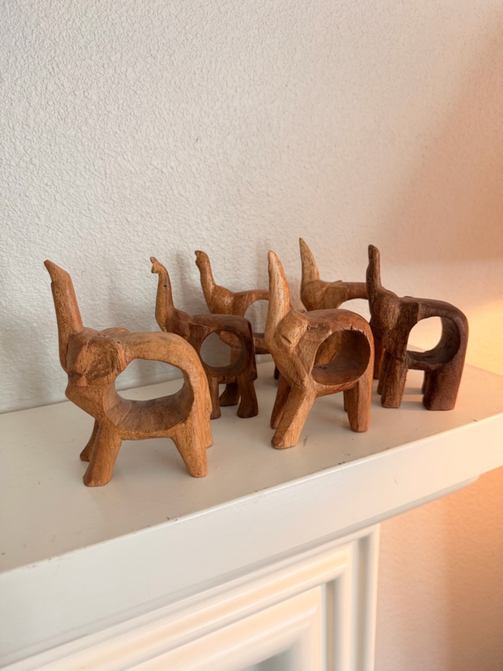 Vintage Set of 6 Hand Carved Wood Elephant Napkin Rings Boho Safari Decor